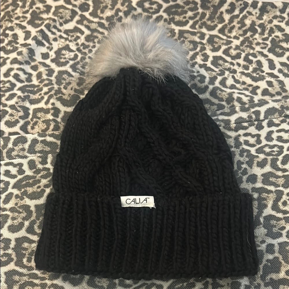 CALIA by Carrie Underwood Black and Gray Knit Pom-Pom Hat
